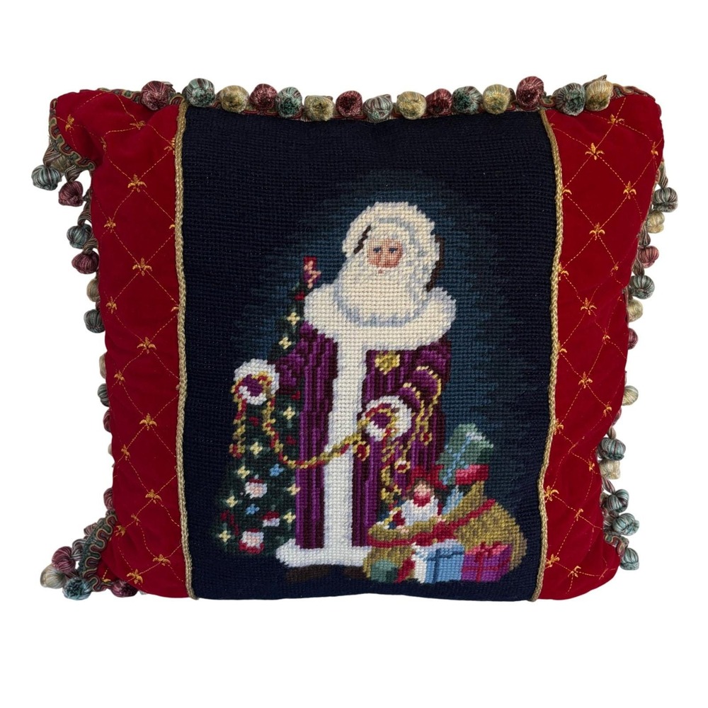 Vtg Needlepoint Pillow Santa Claus Christmas‎ Velvet Wool Tassle Fleur de Lis